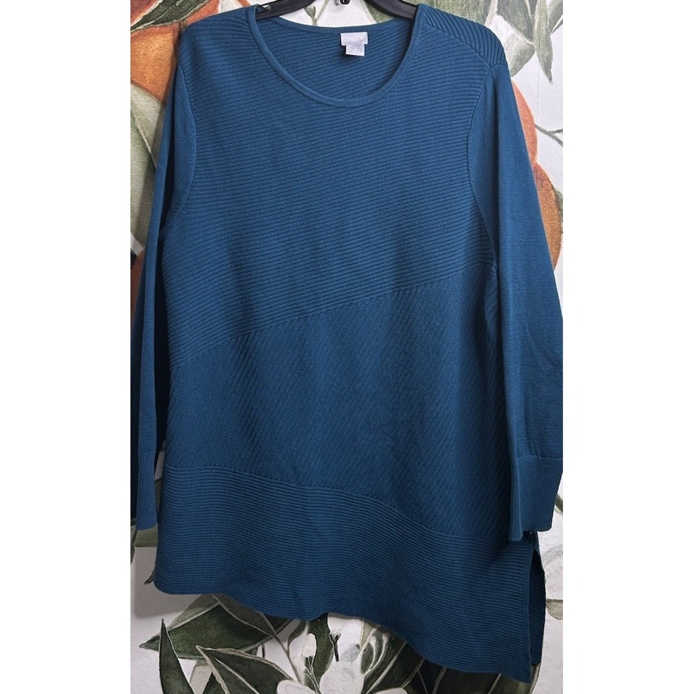 Chicos Size 3 US XL Teal Green Ribbed Asymmetric Tunic Sweater